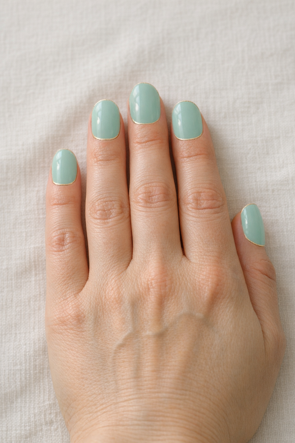 Same hand with almond nails in sea-glass green with a thin gold line, generated preview