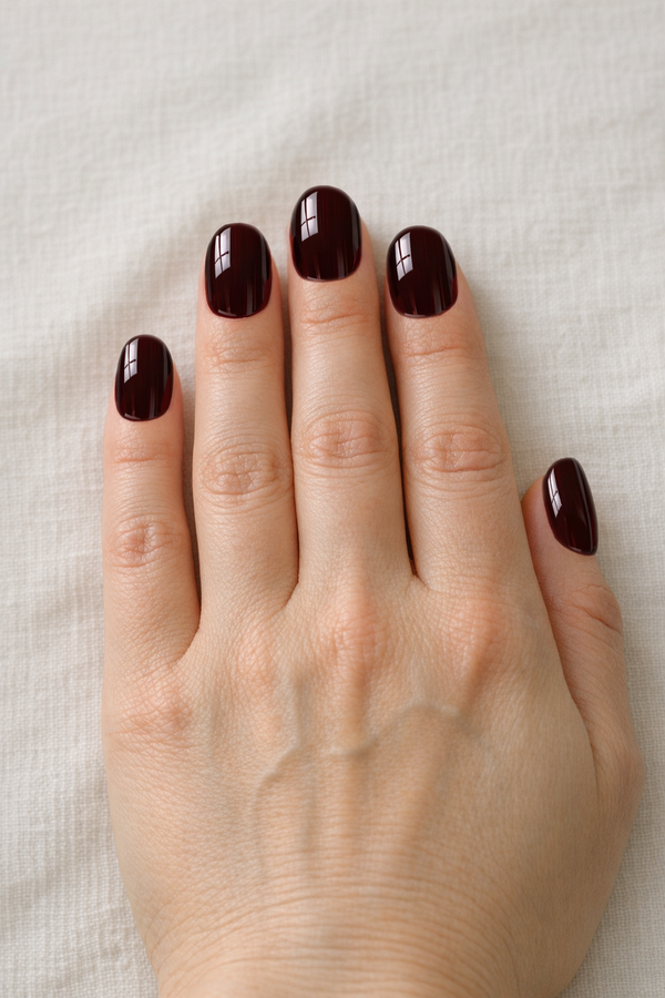 A hand with almond nails in glossy black cherry polish, generated preview