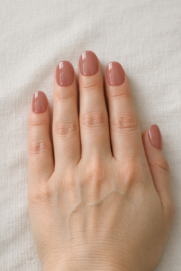 Same hand with soft almond nails in sheer rosewood polish, generated preview